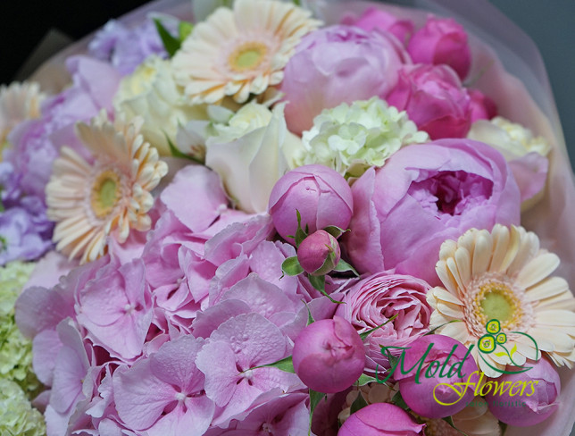 Bouquet with pink hydrangea and peonies photo